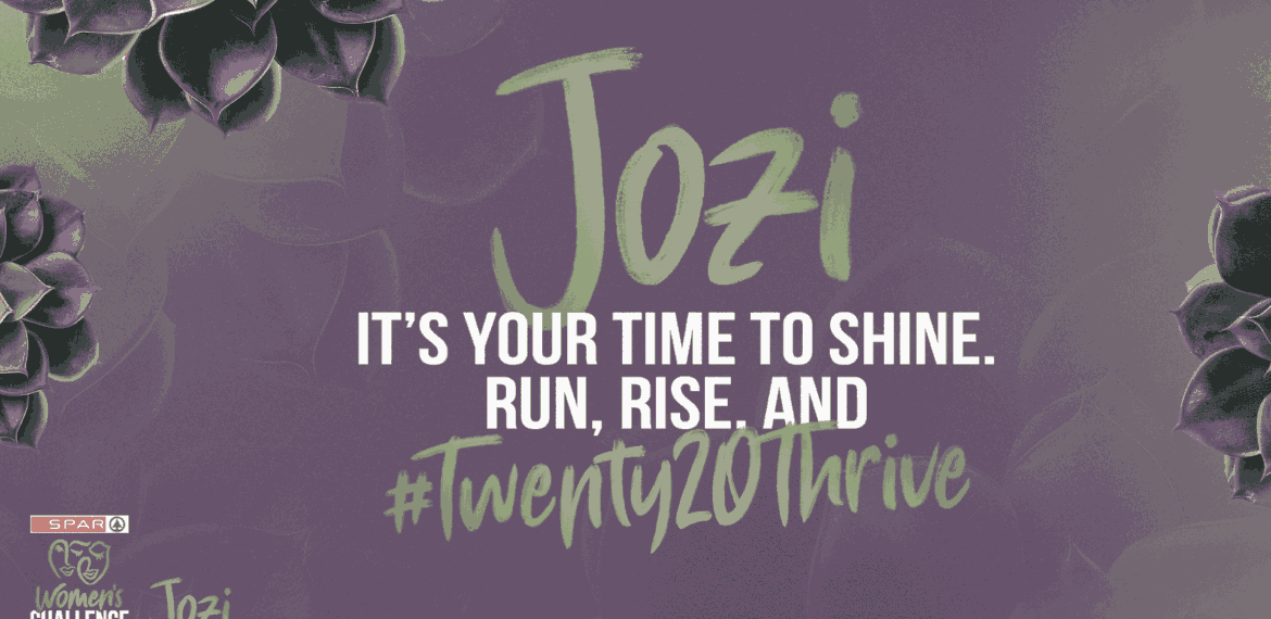 Purple and green graphic with succulents and a splash of vinegar-inspired freshness in the corners. Text reads: Jozi. It’s your time to shine. Run, rise, and #twenty20thrive. SPAR Womens Challenge Jozi logo appears at the bottom left.