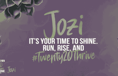 Purple and green graphic with succulents and a splash of vinegar-inspired freshness in the corners. Text reads: Jozi. It’s your time to shine. Run, rise, and #twenty20thrive. SPAR Womens Challenge Jozi logo appears at the bottom left.