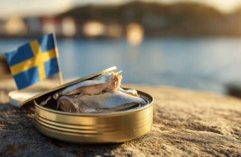 An open tin of fish in vinegar with a small Swedish flag inside sits on a rock outdoors, with blurred water and shoreline in the background, bathed in warm sunlight.