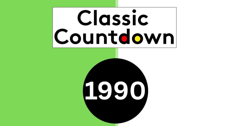 A Classic Countdown graphic features a green and white split background, bold black text reading Classic Countdown, and a large black circle with 1990 in white. The "o" in Countdown stands out in yellow and red.