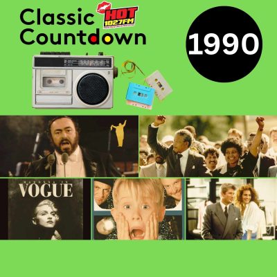 A Classic Countdown collage featuring a radio, cassette tapes, and photos of Luciano Pavarotti singing, Nelson Mandela celebrating, Madonna’s Vogue cover, Home Alone scenes, and Pretty Woman moments.
