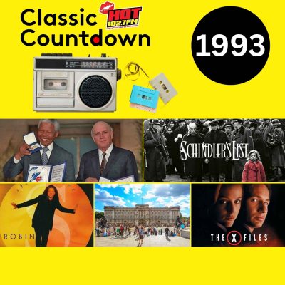 A yellow collage featuring radio, cassette tapes, Classic Countdown HOT 102.7 FM text, a 1993 circle, Nelson Mandela with FW de Klerk, Schindler’s List poster, Whitney Houston in The Bodyguard, Buckingham Palace, and The X-Files poster.