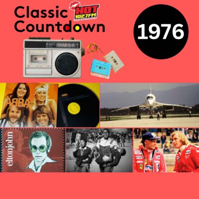 A collage with the text Classic Countdown 1976 and images of a radio, mixtapes, ABBA, Concorde plane, Elton John album, Olympic athletes, and two Formula 1 drivers talking.