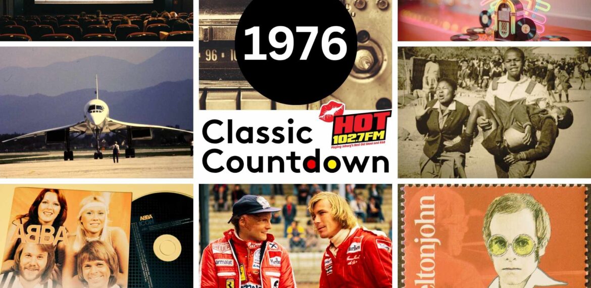 A collage of 1976 events: a cinema, mixtapes and cassette player, disco scene, Concorde jet, sports celebration, ABBA album, race car drivers, and an Elton John stamp, with “1976 Classic Countdown HOT 1027FM” text in the center.