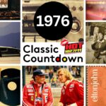 A collage of 1976 events: a cinema, mixtapes and cassette player, disco scene, Concorde jet, sports celebration, ABBA album, race car drivers, and an Elton John stamp, with “1976 Classic Countdown HOT 1027FM” text in the center.