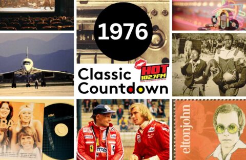 A collage of 1976 events: a cinema, mixtapes and cassette player, disco scene, Concorde jet, sports celebration, ABBA album, race car drivers, and an Elton John stamp, with “1976 Classic Countdown HOT 1027FM” text in the center.