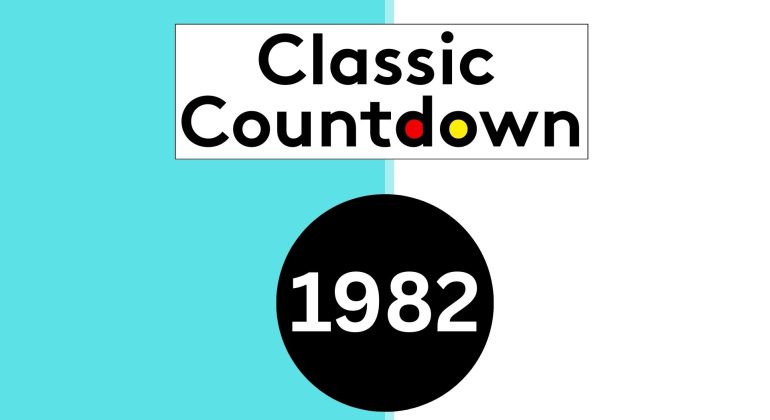 A graphic split into turquoise and white halves with Classic Countdown in bold black text above a large black circle displaying 1982 in white, while the o’s in Classic Countdown are highlighted in red and yellow.