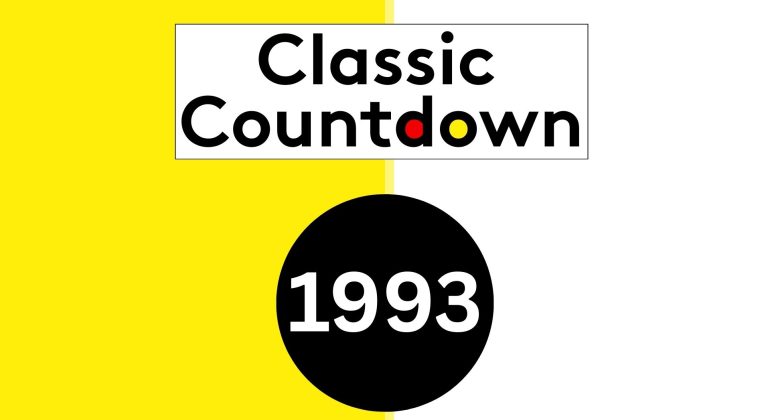 A split yellow and white background with Classic Countdown written above a black circle featuring 1993. The word Countdown, from the Classic Countdown series, has its o, u, n letters in red, yellow, and black.