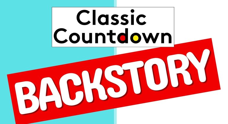 A graphic with the words Classic Countdown in a white box and BACKSTORY in bold white letters on a red diagonal banner over a split blue and white background, featuring Yazoo as the highlighted artist.