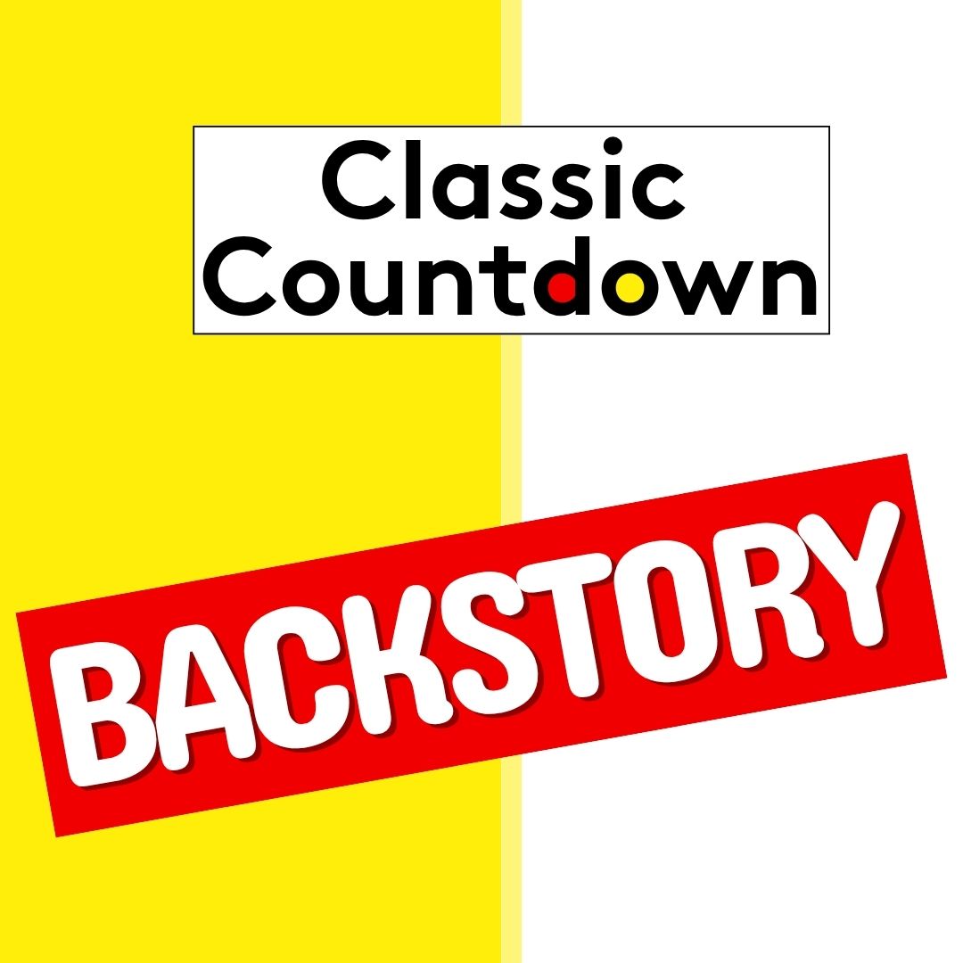 A graphic with Classic Countdown in black text on a white box, and BACKSTORY in bold white letters on a red banner, set against a half yellow, half white background—perfect for celebrating Shania Twain’s greatest hits.
