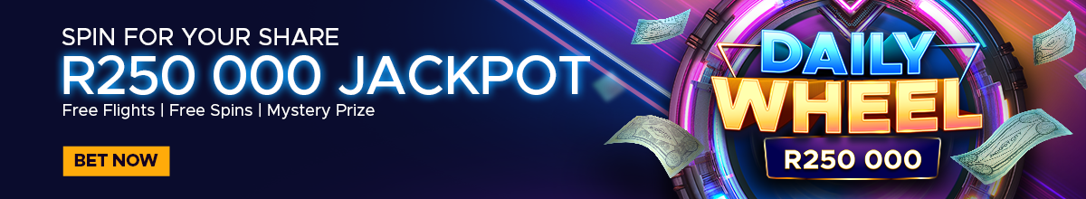 Banner ad featuring SPIN FOR YOUR SHARE R250,000 JACKPOT and DAILY WHEEL R250,000, flying banknotes, and a yellow BET NOW button on a dark blue and colorful background—all at Jackpot City.