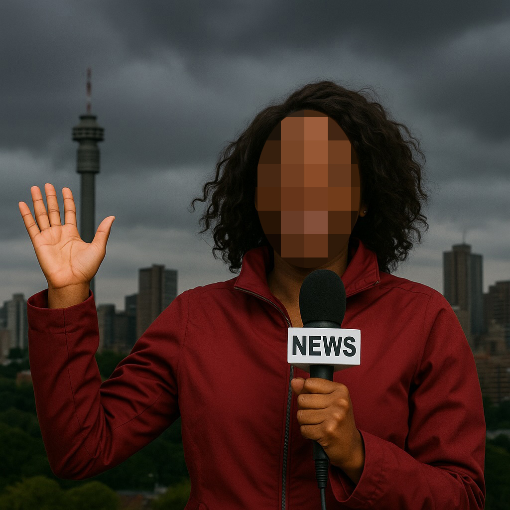 A person with a pixelated face, wearing a red jacket, holds a microphone labeled NEWS and waves. Tall buildings and a cloudy sky are visible in the background.
