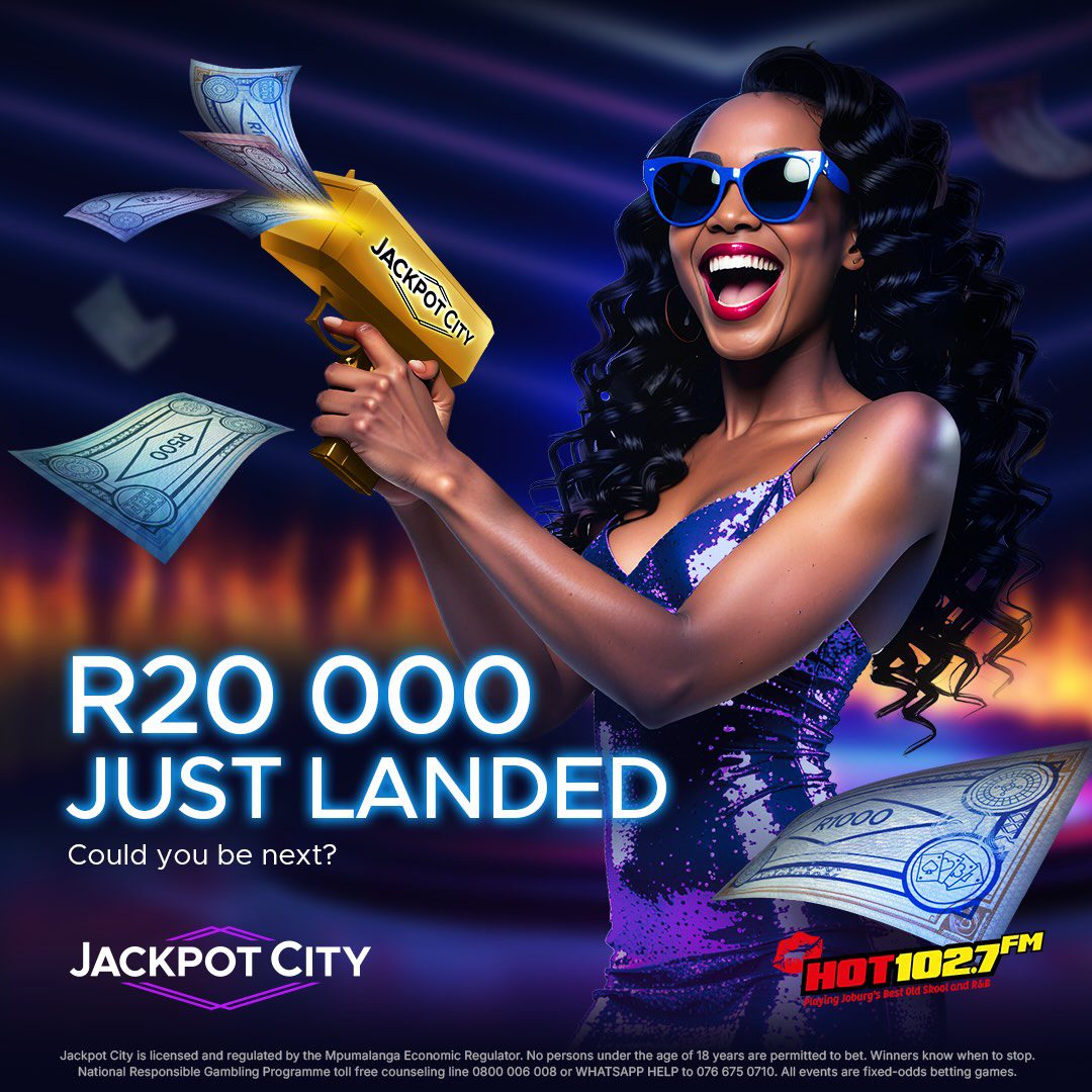 A smiling woman in a purple sequin dress and sunglasses uses a money gun to shoot bills. Text reads “R20 000 JUST LANDED. Could you be next?” Jackpot City brings the excitement with Hot 1027 FM logos at the bottom.
