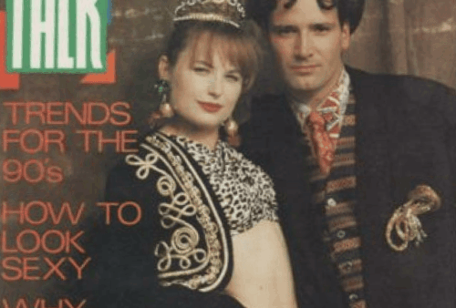 Magazine cover featuring a woman and a man in bold, ornate clothing and accessories. Headlines include “Trends for the 90’s,” “How to Look Sexy,” and “Why Opt Out? Suicide facts.” The title TALK appears at the top left.