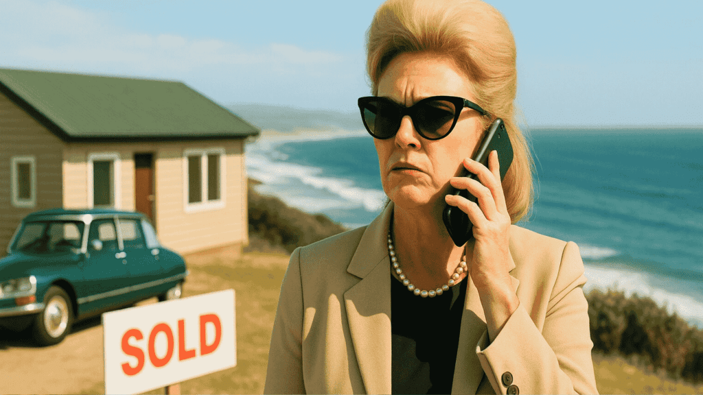 A woman wearing sunglasses and a beige Lipschitz suit talks on a cellphone near a house by the ocean. A SOLD sign and a vintage green car are visible in the background.