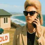 A woman wearing sunglasses and a beige Lipschitz suit talks on a cellphone near a house by the ocean. A SOLD sign and a vintage green car are visible in the background.