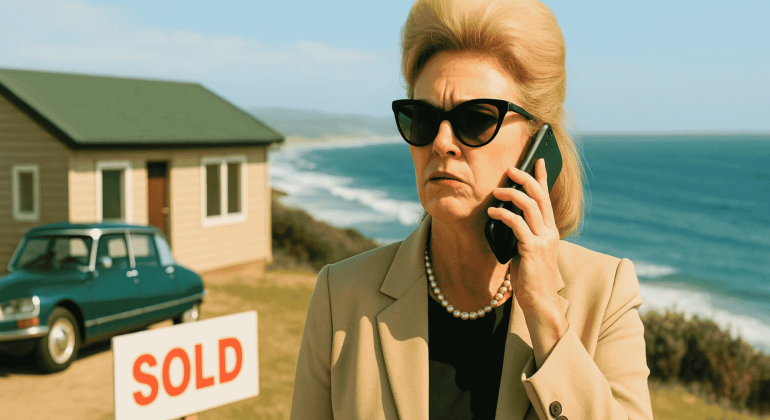 A woman wearing sunglasses and a beige Lipschitz suit talks on a cellphone near a house by the ocean. A SOLD sign and a vintage green car are visible in the background.