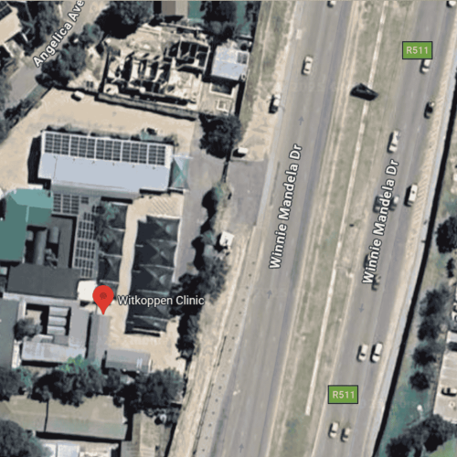 Satellite view of Witkoppen Clinic near the intersection of Angelica Avenue and Winnie Mandela Drive, showcasing Witkoppen Clinic’s multiple buildings, parking areas, and lush surrounding greenery.