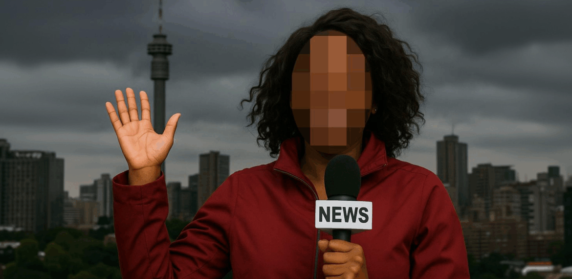 A reporter with a pixelated face holds a microphone labeled NEWS and waves, standing outdoors with city buildings and a tall tower in the background under a cloudy sky.