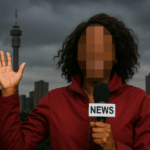 A reporter with a pixelated face holds a microphone labeled NEWS and waves, standing outdoors with city buildings and a tall tower in the background under a cloudy sky.