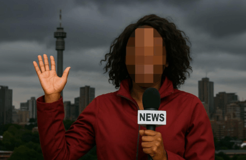 A reporter with a pixelated face holds a microphone labeled NEWS and waves, standing outdoors with city buildings and a tall tower in the background under a cloudy sky.