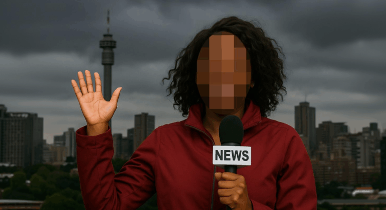 A reporter with a pixelated face holds a microphone labeled NEWS and waves, standing outdoors with city buildings and a tall tower in the background under a cloudy sky.