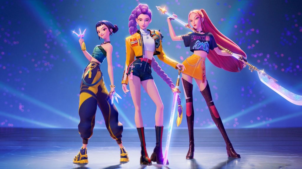 Three animated female K-pop demon hunters in futuristic outfits stand confidently on a stage with glowing neon lights, each wielding a radiant weapon. The background features a purple-blue gradient and scattered light effects.
