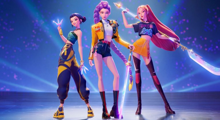 Three animated female K-pop demon hunters in futuristic outfits stand confidently on a stage with glowing neon lights, each wielding a radiant weapon. The background features a purple-blue gradient and scattered light effects.