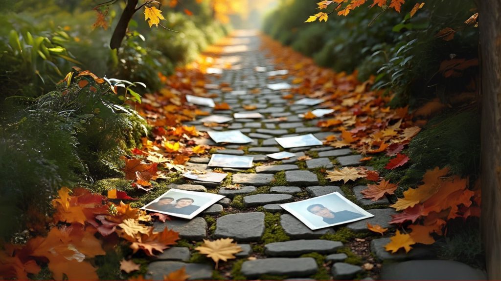 A stone path covered in fallen autumn leaves winds through a garden. Photographs showing people’s faces, evoking memories of loved ones lost to dementia, are scattered along the path among the leaves, with sunlight filtering through the trees.