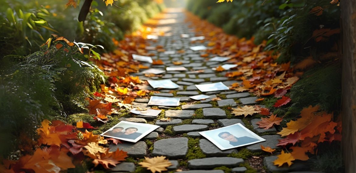 A stone path covered in fallen autumn leaves winds through a garden. Photographs showing people’s faces, evoking memories of loved ones lost to dementia, are scattered along the path among the leaves, with sunlight filtering through the trees.