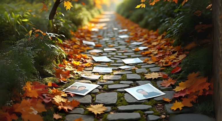 A stone path covered in fallen autumn leaves winds through a garden. Photographs showing people’s faces, evoking memories of loved ones lost to dementia, are scattered along the path among the leaves, with sunlight filtering through the trees.