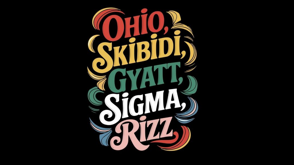 Colorful retro-style text on a black background reads: Ohio, Skibidi, Gyatt, Sigma, Rizz—each word in a unique color with decorative swooshes—for the perfect dose of playful brainrot nostalgia.
