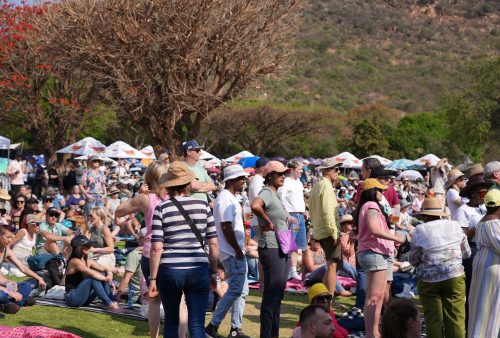 A large crowd of people, many wearing hats and sunglasses, gather outdoors on a sunny day for a Dave Matthews event. Some stand while others sit on picnic blankets on the grass, with trees and umbrellas in the background.