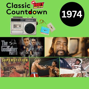 A vibrant collage captures 1974 pop culture: a radio, cassette tapes, The Godfather Part II poster, Barry White, Stevie Wonder’s Superstition cover, a Muhammad Ali fight, and an iconic car chase. Classic Countdown 1974 headlines the scene.