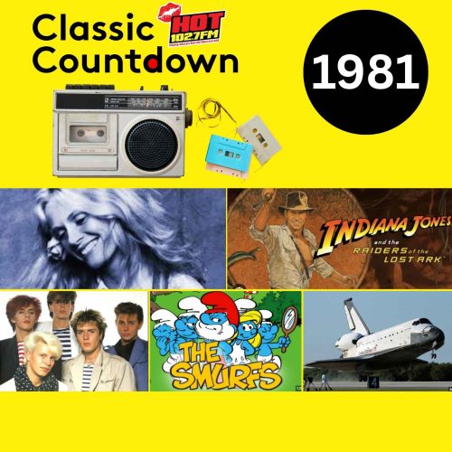A bright yellow collage for Classic Countdown featuring a radio, cassette tapes, and the text Classic Countdown 1981, with images of a woman singing, Indiana Jones, Duran Duran, The Smurfs, and a space shuttle.