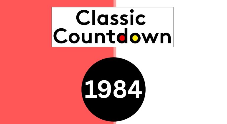 A vibrant graphic features a red and white split background with Classic Countdown in bold above a black circle displaying “1984” in white. The “o” in Countdown is uniquely colored in red, yellow, and black for a retro touch.