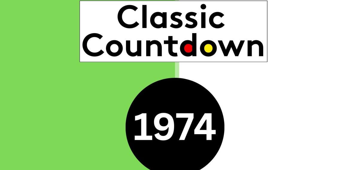 A graphic with a green and white split background. At the top, Classic Countdown is displayed, with the "o" in Countdown colored red and yellow. Below, a black circle features the year 1974 in white, reflecting Classic Countdown’s vintage vibe.