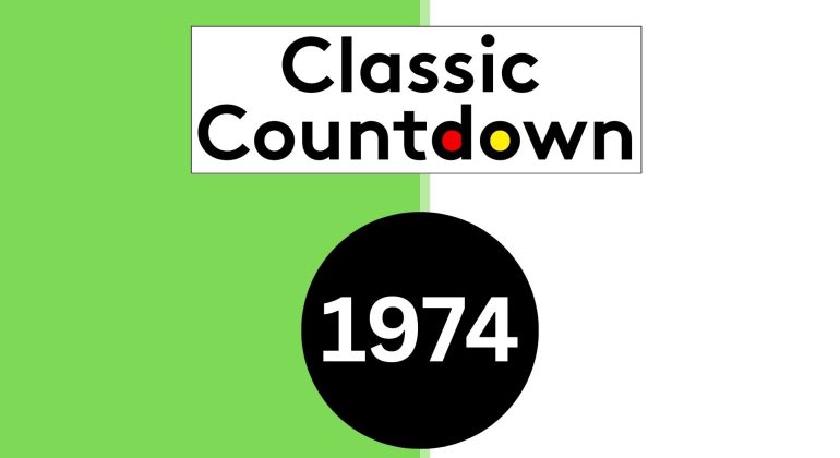 A graphic with a green and white split background. At the top, Classic Countdown is displayed, with the "o" in Countdown colored red and yellow. Below, a black circle features the year 1974 in white, reflecting Classic Countdown’s vintage vibe.
