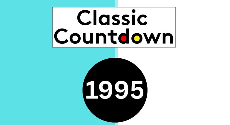 A vibrant graphic with Classic Countdown in bold text above a black circle featuring 1995. The background is split vertically—half teal, half white. The o in Countdown glows yellow, while the u pops in red, evoking Classic Countdown energy.