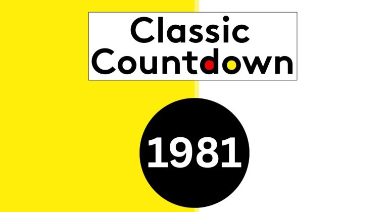 Graphic features the Classic Countdown logo in black text, with a red "o" and yellow "d." Below, a bold black circle displays "1981" in white. The background is split evenly between yellow and white.