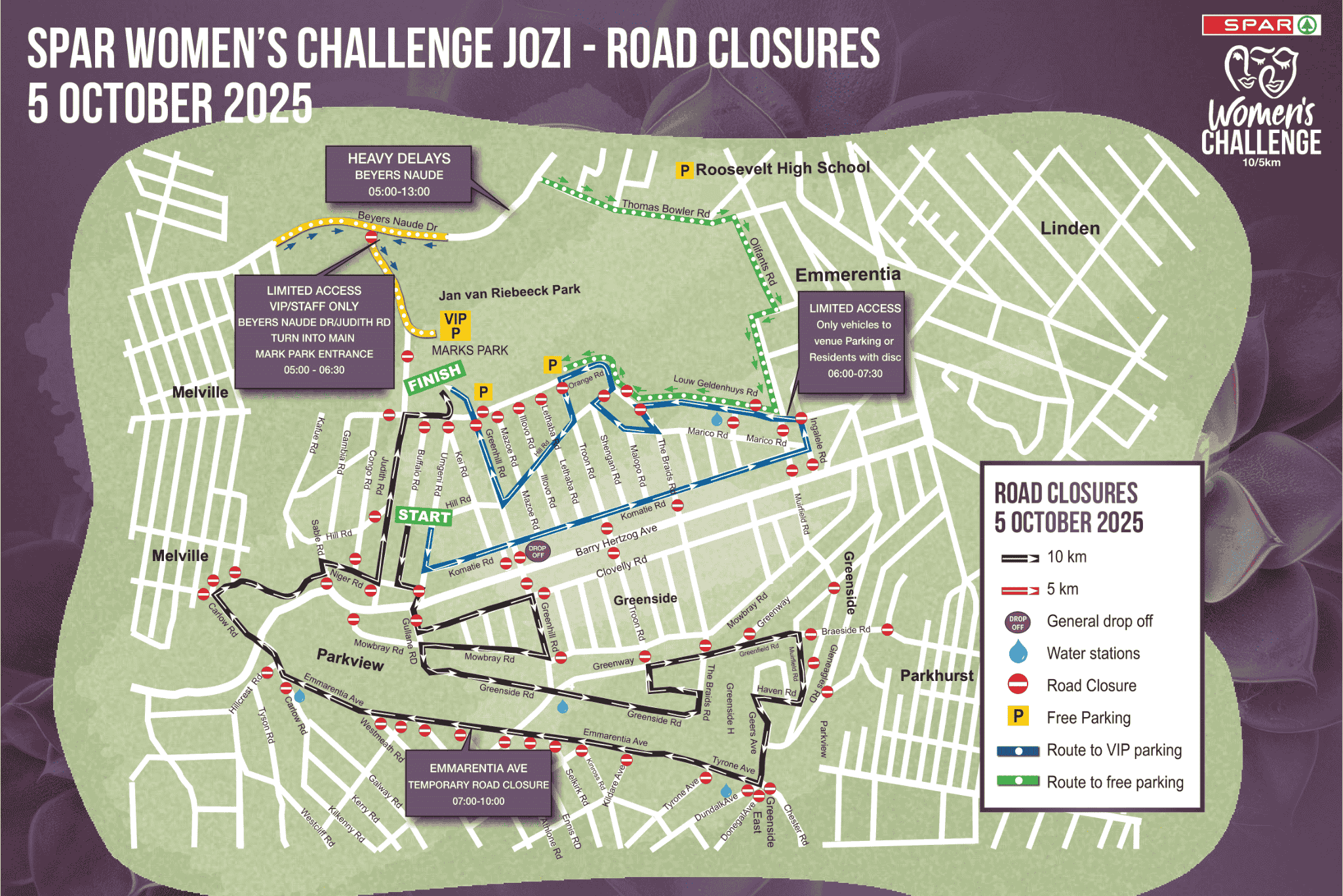 Map for the SPAR Women’s Challenge Jozi road closures on 5 October 2025, showing the Spar Women’s Challenge 10 km and 5 km routes, water stations, road closures, and parking areas in Parkview, Emmarentia, and Linden.