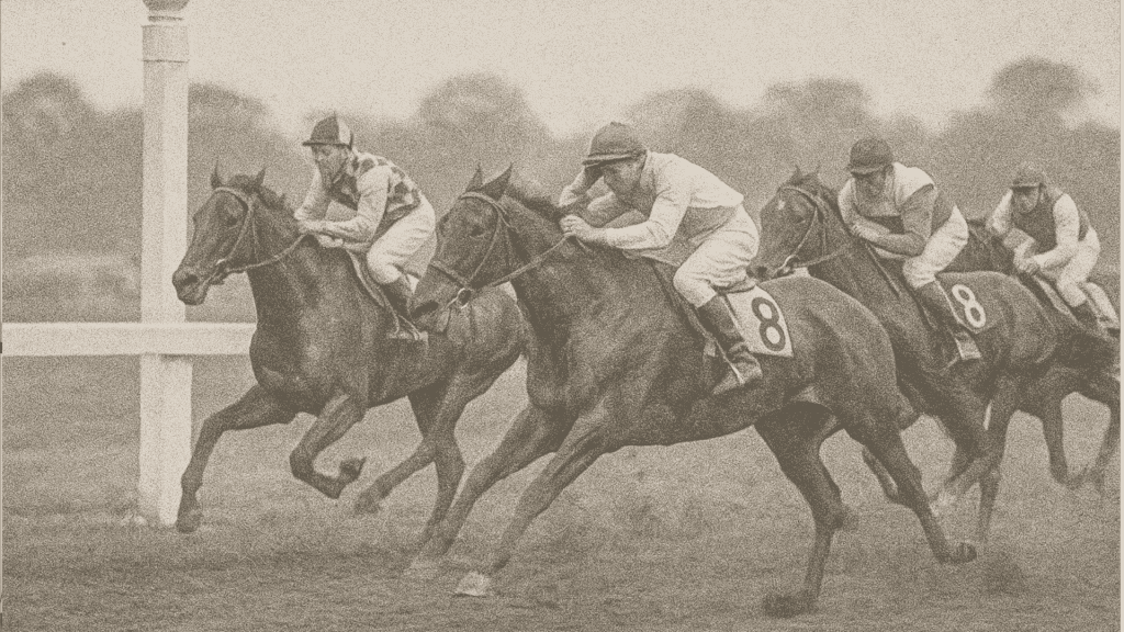 Sepia-toned image of four jockeys racing horses at the Witkoppen Clinic charity event, with two contenders neck and neck near the finish line, each sporting the number 8 saddlecloth.