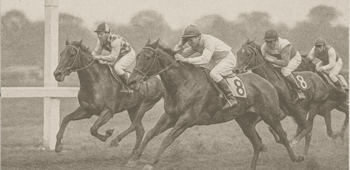 Sepia-toned image of four jockeys racing horses at the Witkoppen Clinic charity event, with two contenders neck and neck near the finish line, each sporting the number 8 saddlecloth.