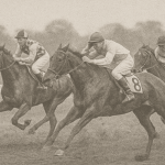 Sepia-toned image of four jockeys racing horses at the Witkoppen Clinic charity event, with two contenders neck and neck near the finish line, each sporting the number 8 saddlecloth.