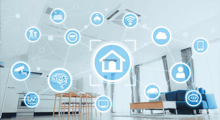 A modern living room with digital icons overlayed, representing smart home technology and IoT devices—symbols for security, automation, car, cloud, cinema entertainment, solar, and wireless networks—all seamlessly connected.