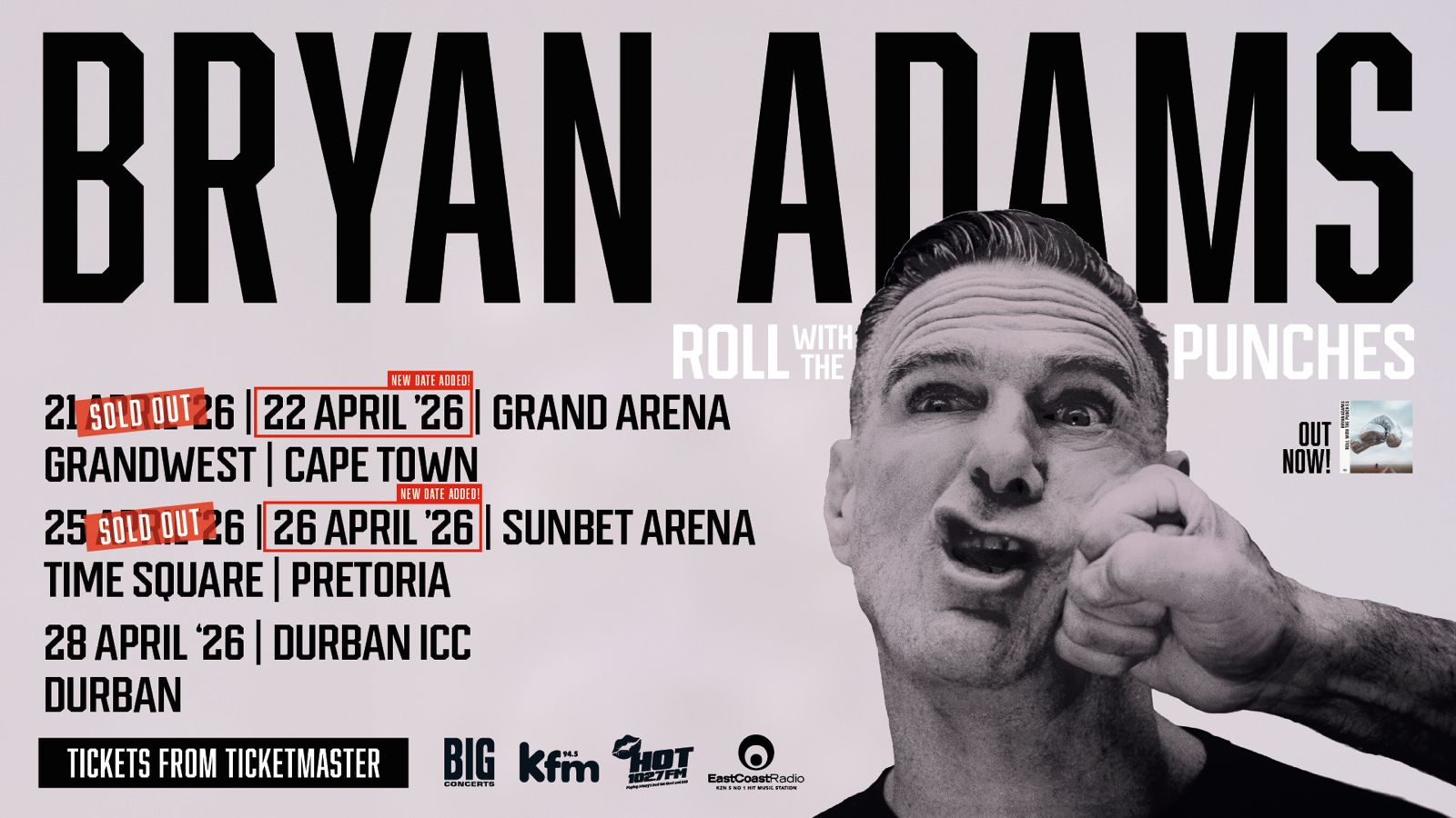 Poster for Bryan Adams Roll With The Punches tour featuring his face being punched, with tour dates and venues in South Africa listed on the left. Tickets from Ticketmaster is noted at the bottom.