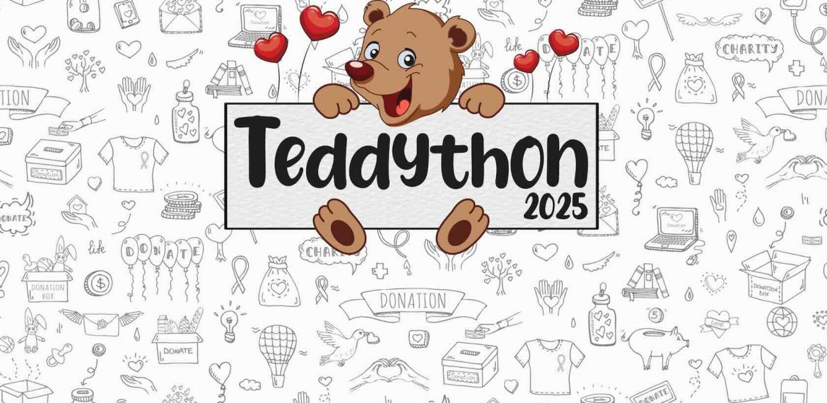 A cheerful cartoon teddy bear with red hearts holds a sign reading “Teddython 2025,” surrounded by whimsical hand-drawn charity and Teddython-themed donation doodles.