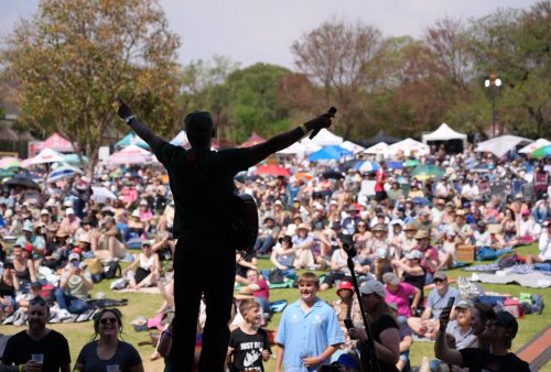A performer with a guitar stands on stage, arms raised, facing a large outdoor crowd seated on the grass. Fans sit under umbrellas and tents, enjoying a sunny festival reminiscent of a classic Dave Matthews concert.