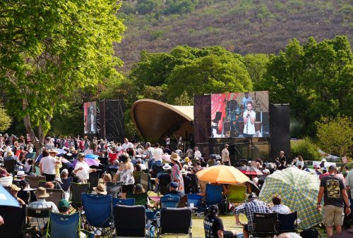 A large crowd sits on chairs and blankets at an outdoor Dave Matthews concert in a park, with trees and hills in the background. Two large screens display performers on stage under a curved canopy.