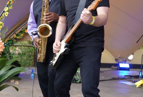 Two musicians perform on stage; one, reminiscent of Dave Matthews, plays an electric guitar and sings in sunglasses and a black outfit, while the other plays saxophone in a hat and glasses. Bright stage lights and flowers decorate the scene.